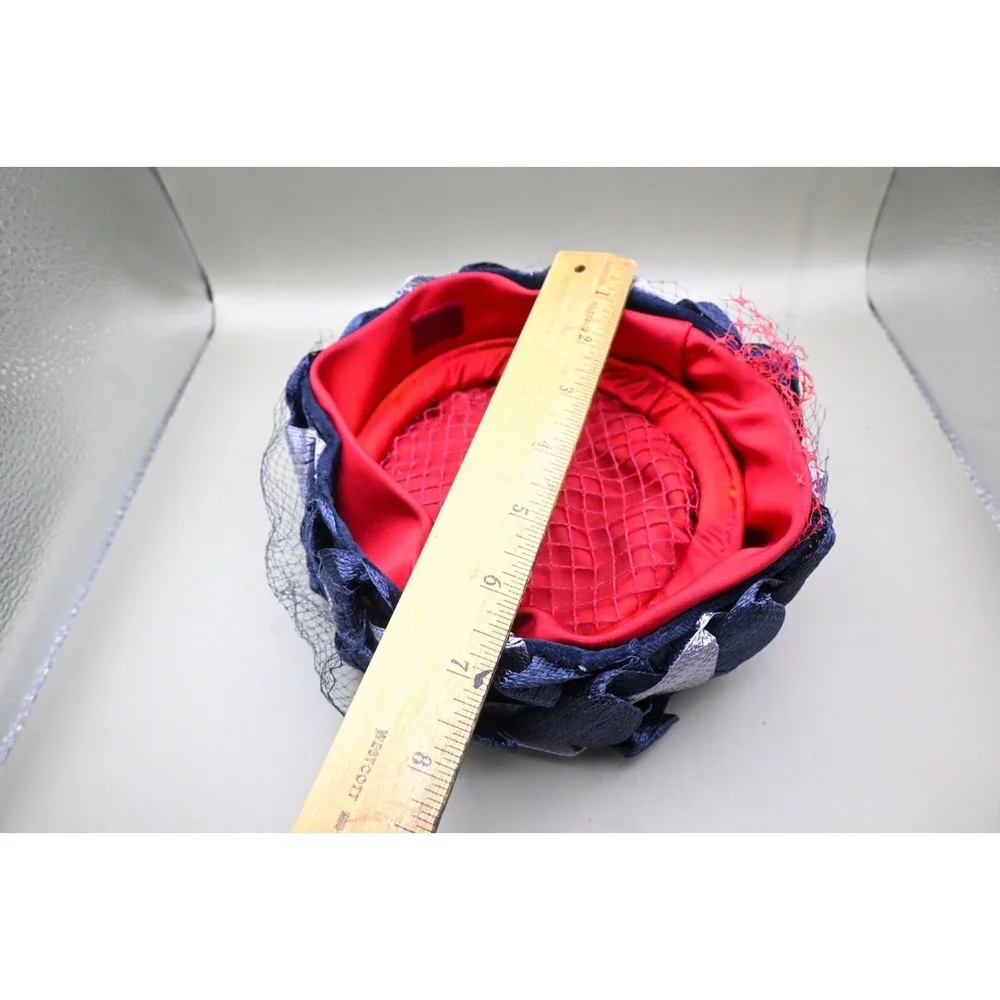 Vintage Navy Blue Silver Ribbon Hat Fascinator Netting Pillbox Cocktail Fashion